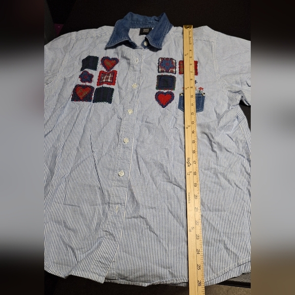 Women's cotton Blue Striped Button Down Shirt with Patchwork - Picture 7 of 7